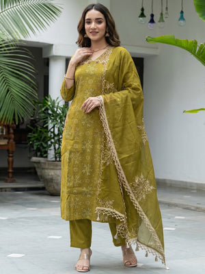 Green Printed Mulmul Cotton Kurta Set with Dupatta Minimal Elegant Look - Image 1