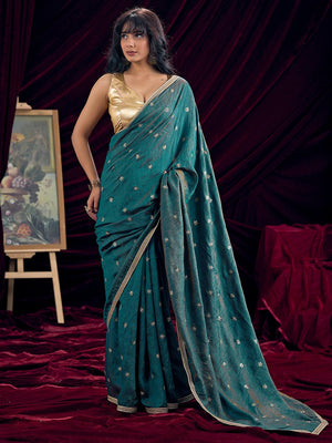 Graceful Teal Art Silk Saree Featuring Floral Sequins Embroidery & Lace Border - Image 1