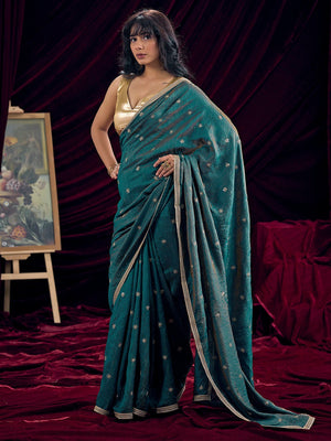 Graceful Teal Art Silk Saree Featuring Floral Sequins Embroidery & Lace Border - Image 2
