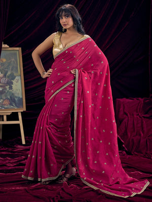 Graceful Pink Art Silk Saree Featuring Floral Sequins Embroidery & Lace Border - Image 1
