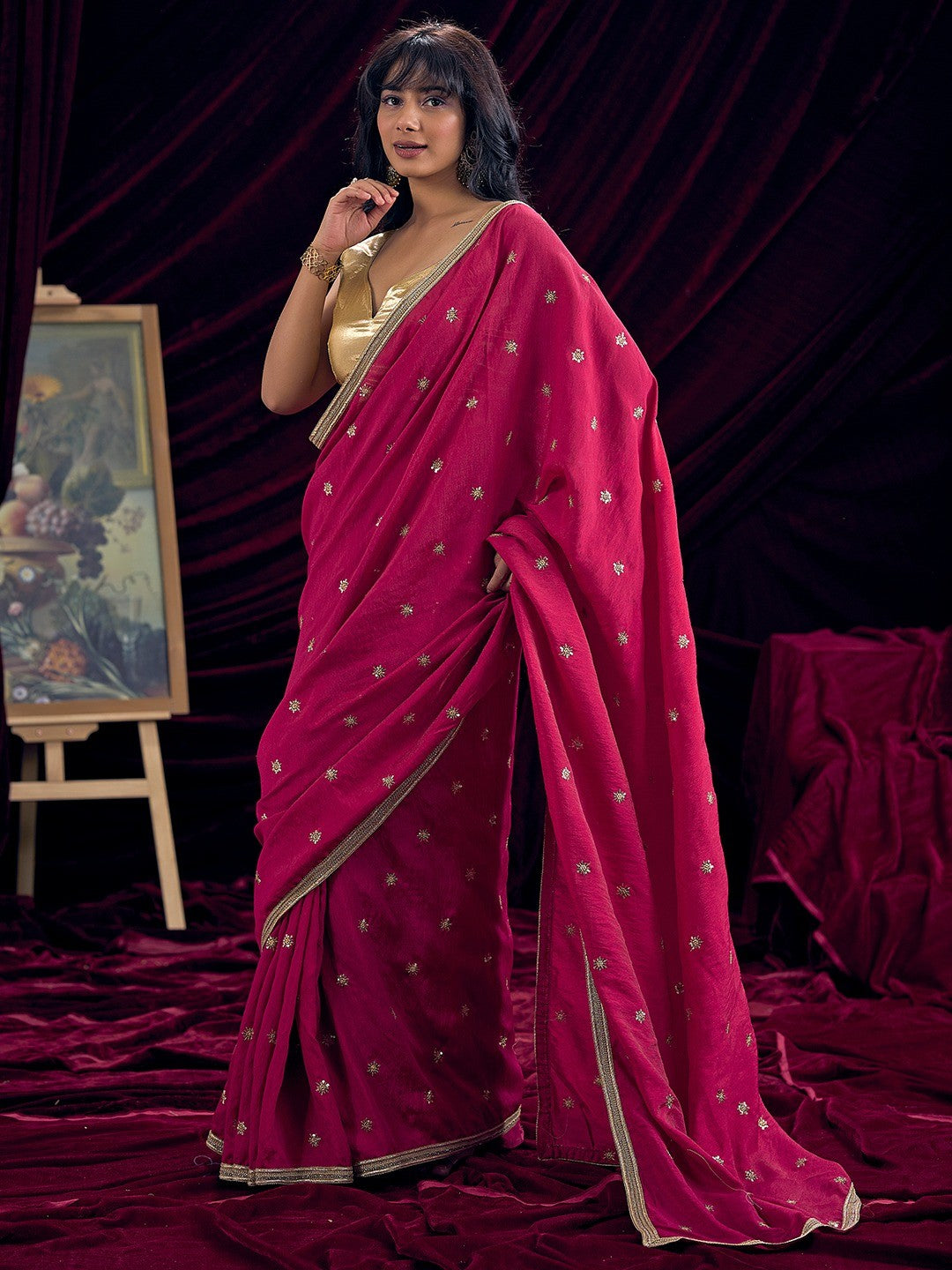 Graceful Pink Art Silk Saree Featuring Floral Sequins Embroidery & Lace Border - Image 2