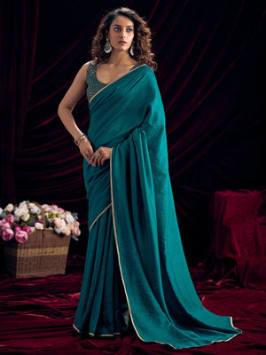 Stylish Teal Solid Art Silk Saree Featuring Lace Border With Embroidered Unstitched Blouse Piece - Image 1