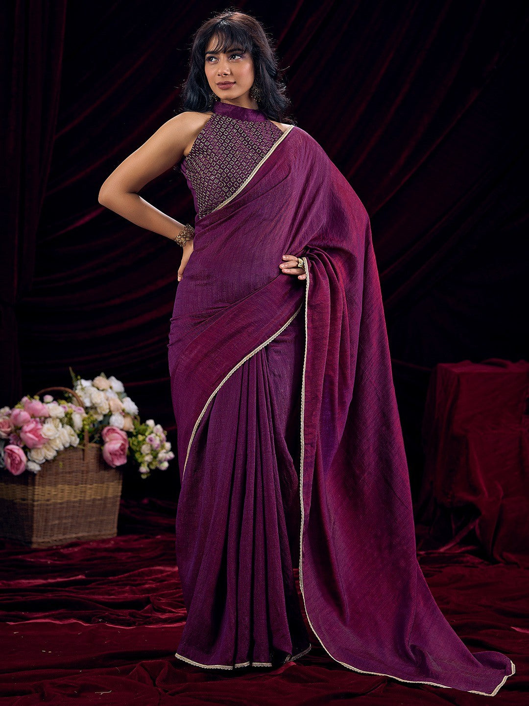 Stylish Wine Solid Art Silk Saree Featuring Lace Border With Embroidered Unstitched Blouse Piece - Image 1