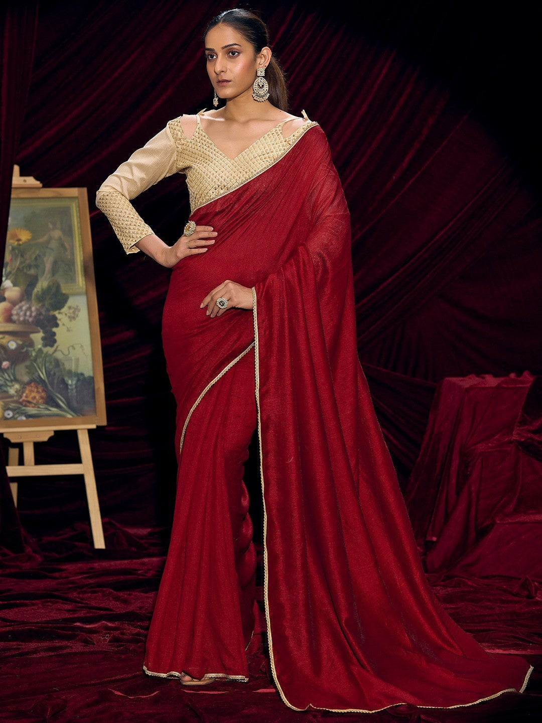 Premium Maroon Solid Art Silk Saree with Designer Cream Embroidered Blouse - Image 1