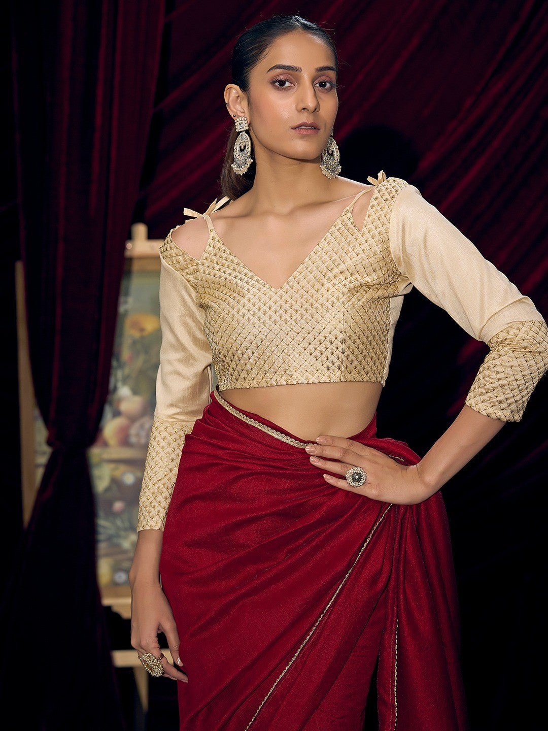 Premium Maroon Solid Art Silk Saree with Designer Cream Embroidered Blouse - Image 5