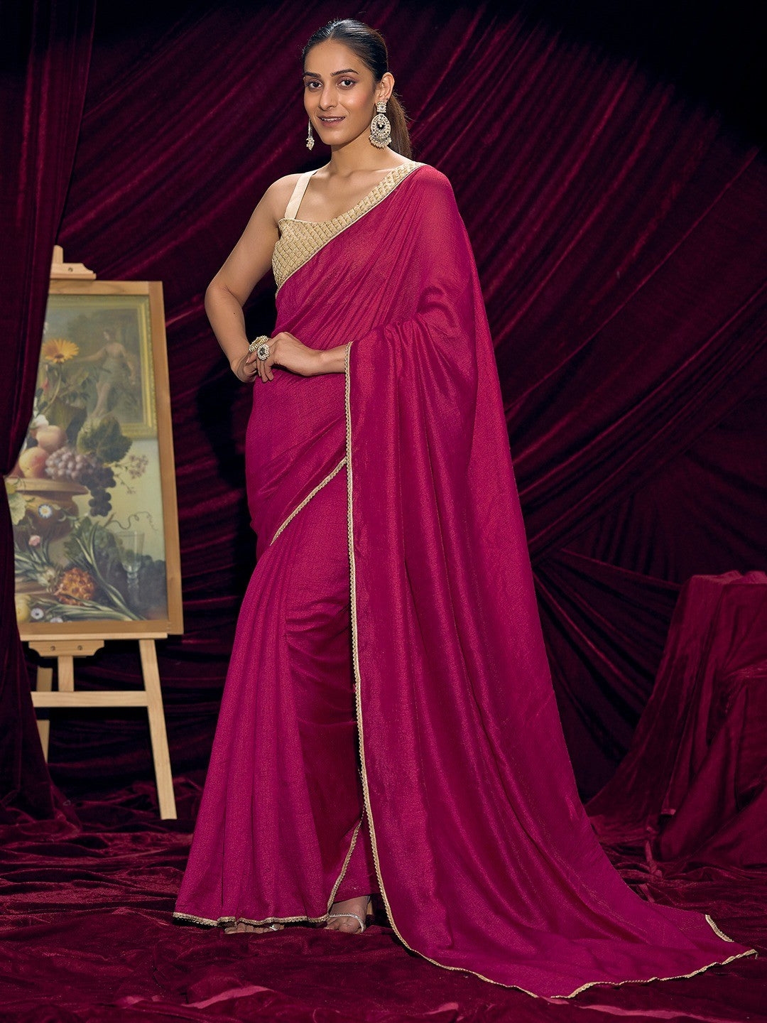 Premium Pink Solid Art Silk Saree with Designer Cream Embroidered Blouse - Image 1