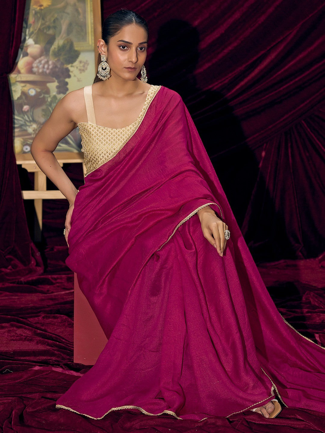 Premium Pink Solid Art Silk Saree with Designer Cream Embroidered Blouse - Image 2
