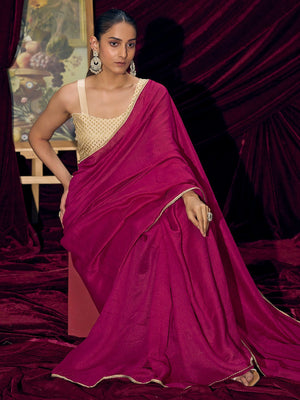Premium Pink Solid Art Silk Saree with Designer Cream Embroidered Blouse - Image 2