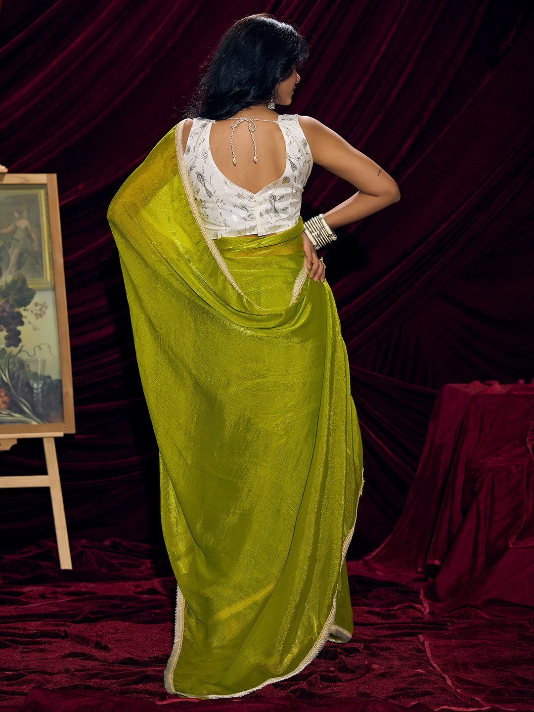 Classic Parrot Green Solid Art Silk Saree With Refined Lace Border Work - Image 3