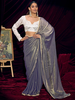 Classic Greyish Purple Solid Art Silk Saree With Refined Lace Border Work - Image 1