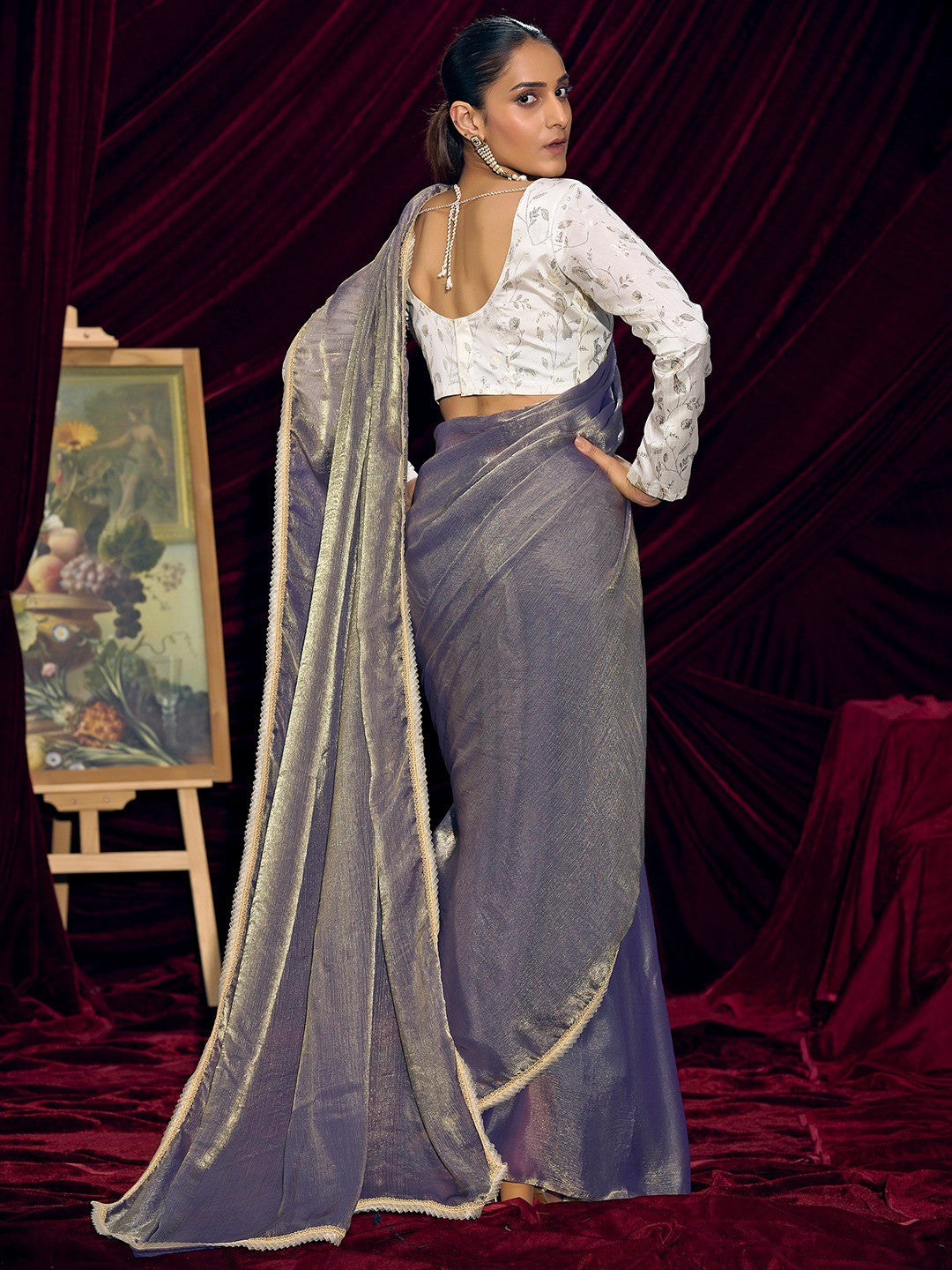 Classic Greyish Purple Solid Art Silk Saree With Refined Lace Border Work - Image 4