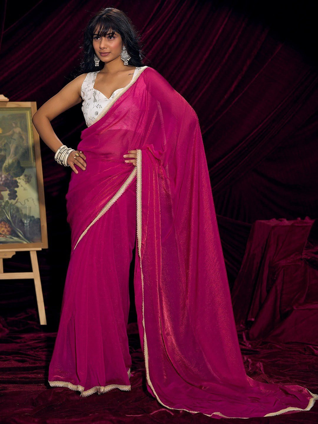 Classic Pink Solid Art Silk Saree With Refined Lace Border Work - Image 1