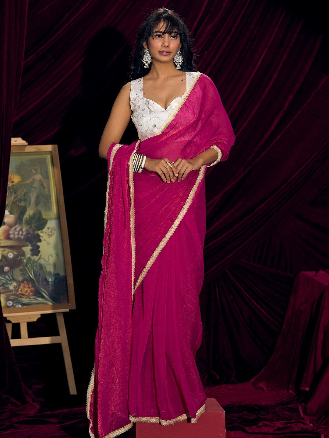 Classic Pink Solid Art Silk Saree With Refined Lace Border Work - Image 5