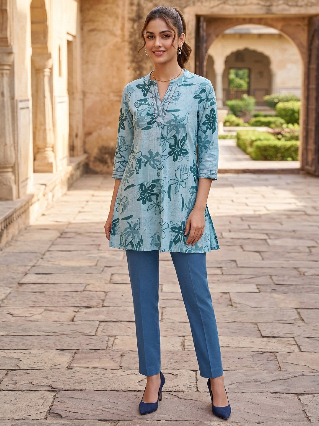 Premium Sea Green Rayon Top with Floral Design Elegant Casual Look - Image 5