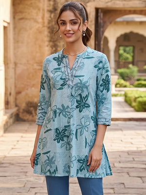 Premium Sea Green Rayon Top with Floral Design Elegant Casual Look - Image 1