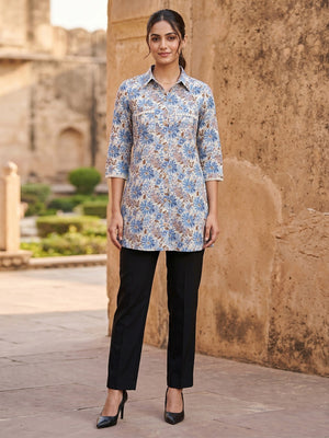 Chic Cream Floral Printed Pure Cotton Top Trendy Casual Wear - Image 2