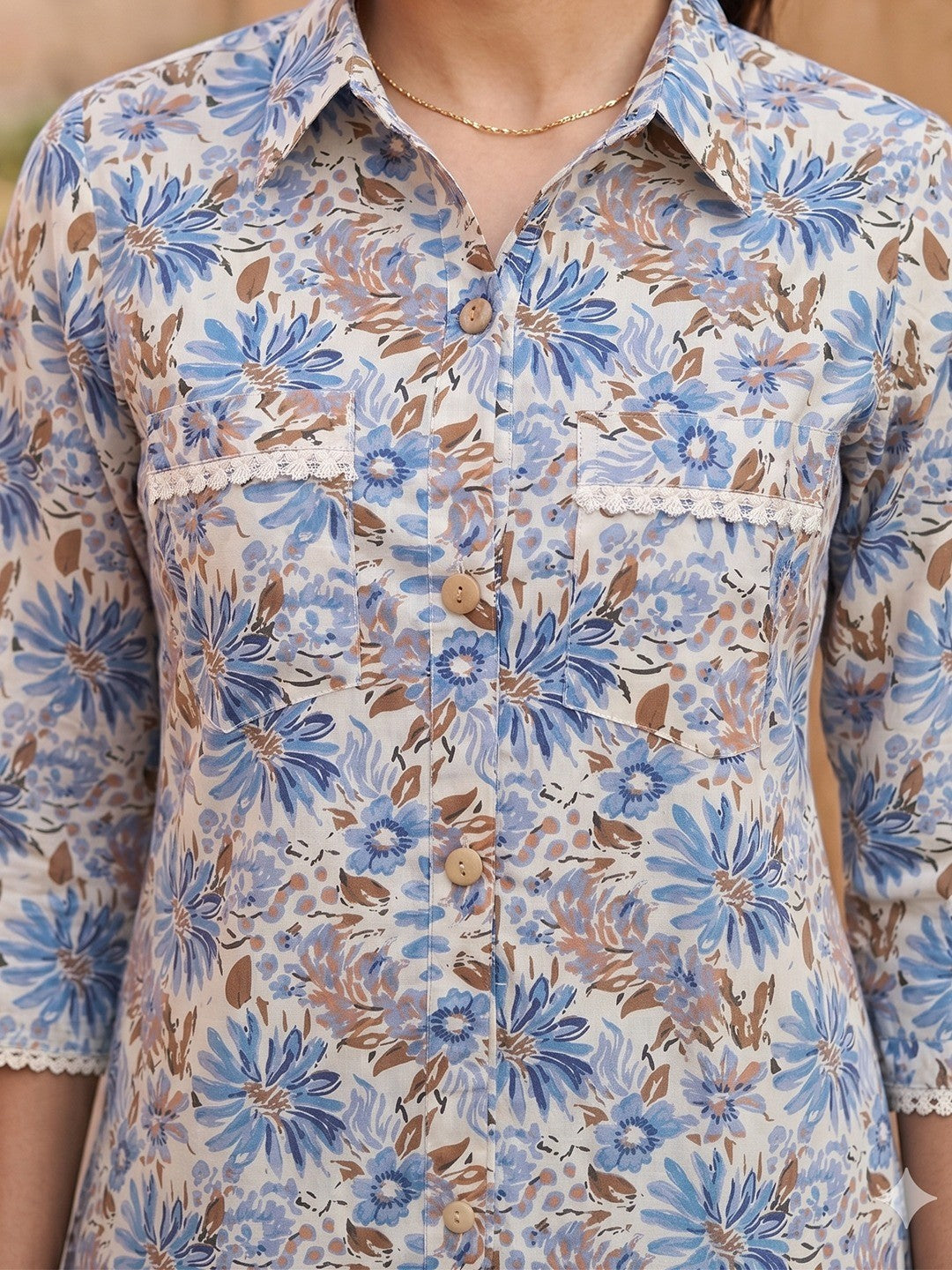 Chic Cream Floral Printed Pure Cotton Top Trendy Casual Wear - Image 4