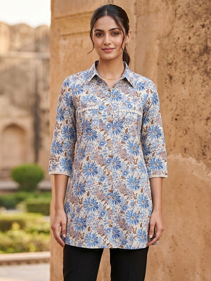 Chic Cream Floral Printed Pure Cotton Top Trendy Casual Wear - Image 1