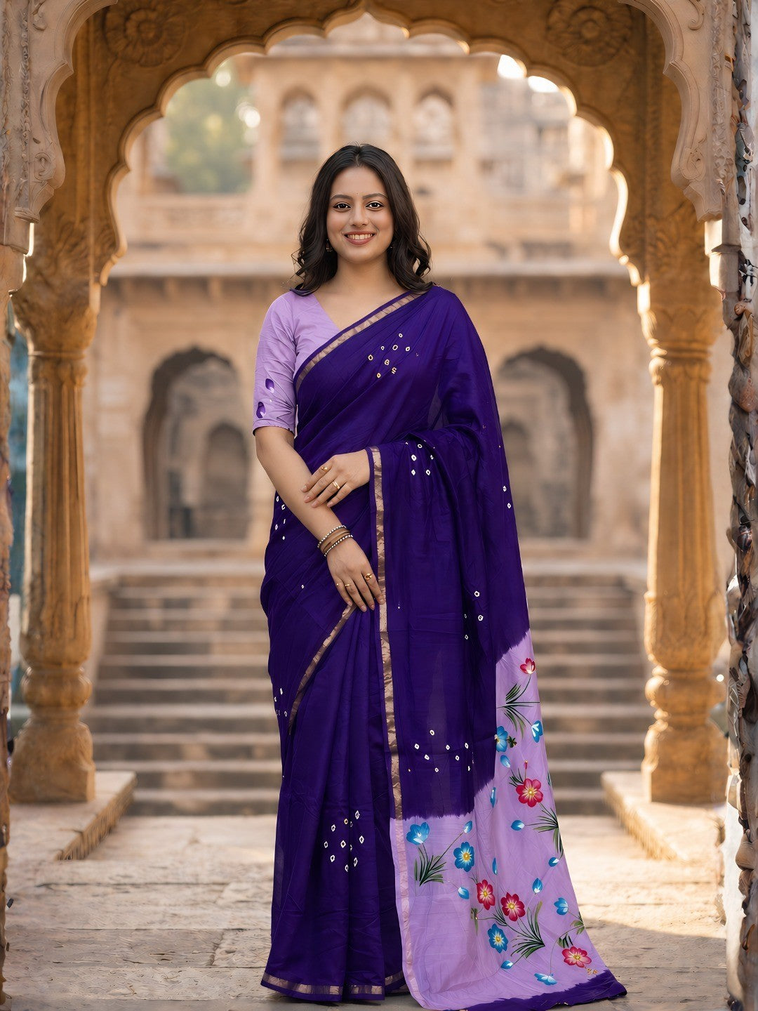 Elegant Purple Mulmul Cotton Saree with Bandhani and Floral Print - Image 1
