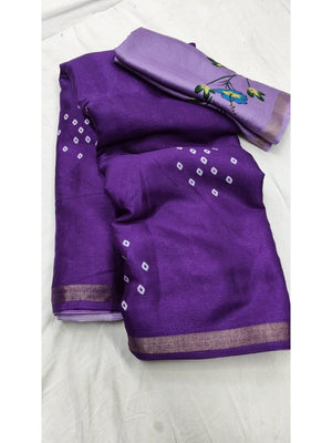 Elegant Purple Mulmul Cotton Saree with Bandhani and Floral Print - Image 2
