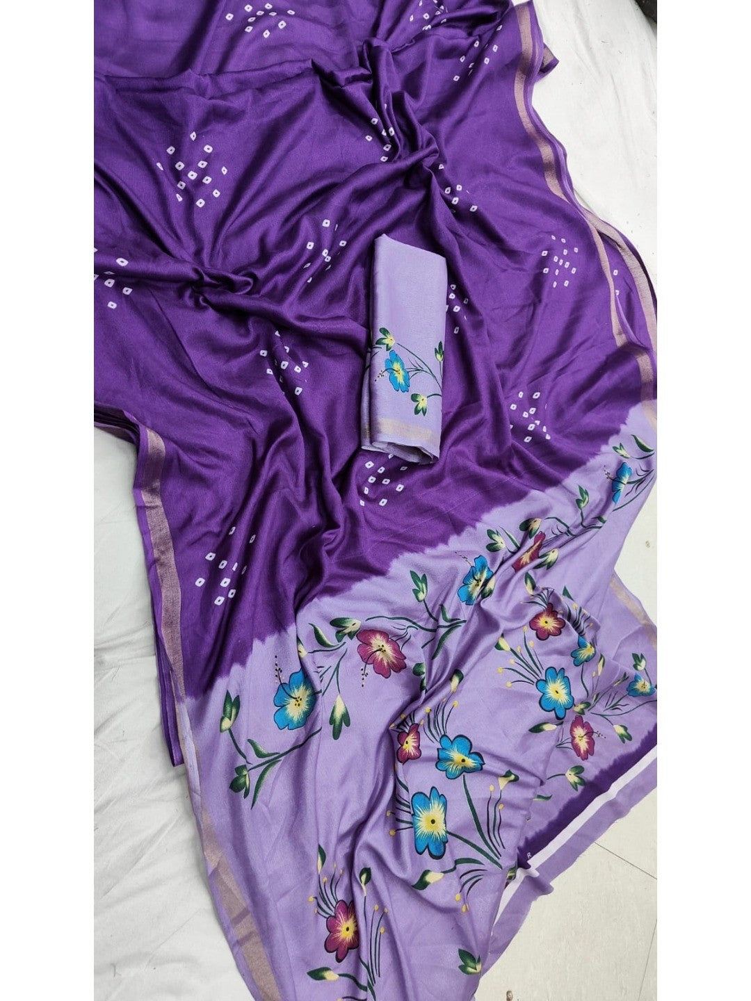 Elegant Purple Mulmul Cotton Saree with Bandhani and Floral Print - Image 3