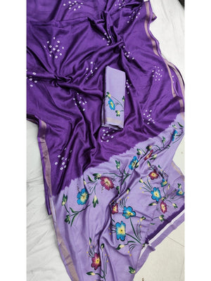 Elegant Purple Mulmul Cotton Saree with Bandhani and Floral Print - Image 2