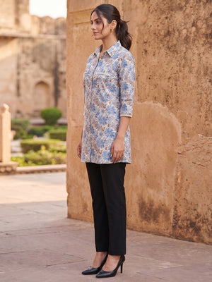 Chic Cream Floral Printed Pure Cotton Top Trendy Casual Wear - Image 2