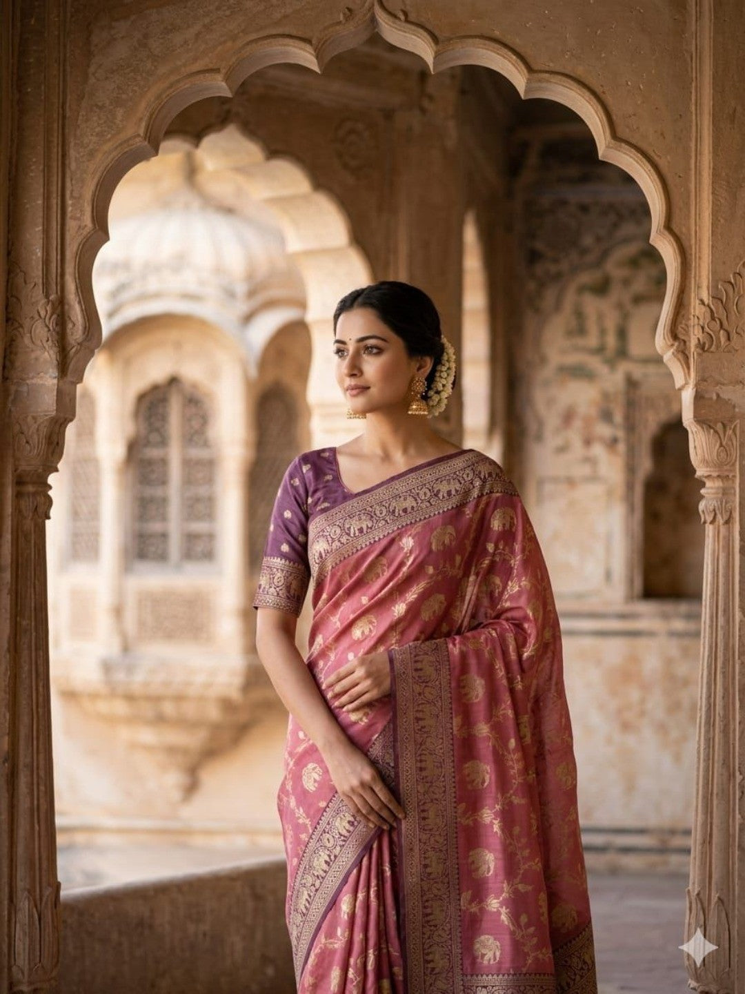 Elegant Mauve Silk Blend Woven Zari Saree with Intricate Elephant Motifs - Image 3