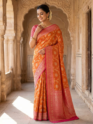 Elegant Orange Silk Blend Woven Zari Saree with Intricate Elephant Motifs - Image 1
