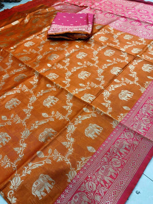 Elegant Orange Silk Blend Woven Zari Saree with Intricate Elephant Motifs - Image 2