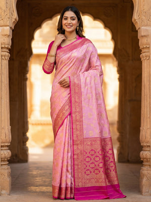 Elegant Pink Silk Blend Woven Zari Saree with Intricate Elephant Motifs - Image 1