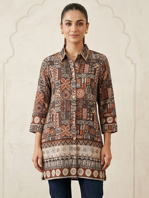Stylish Brown Linen Top with Abstract Print Straight Fit Casual Wear - Image 1