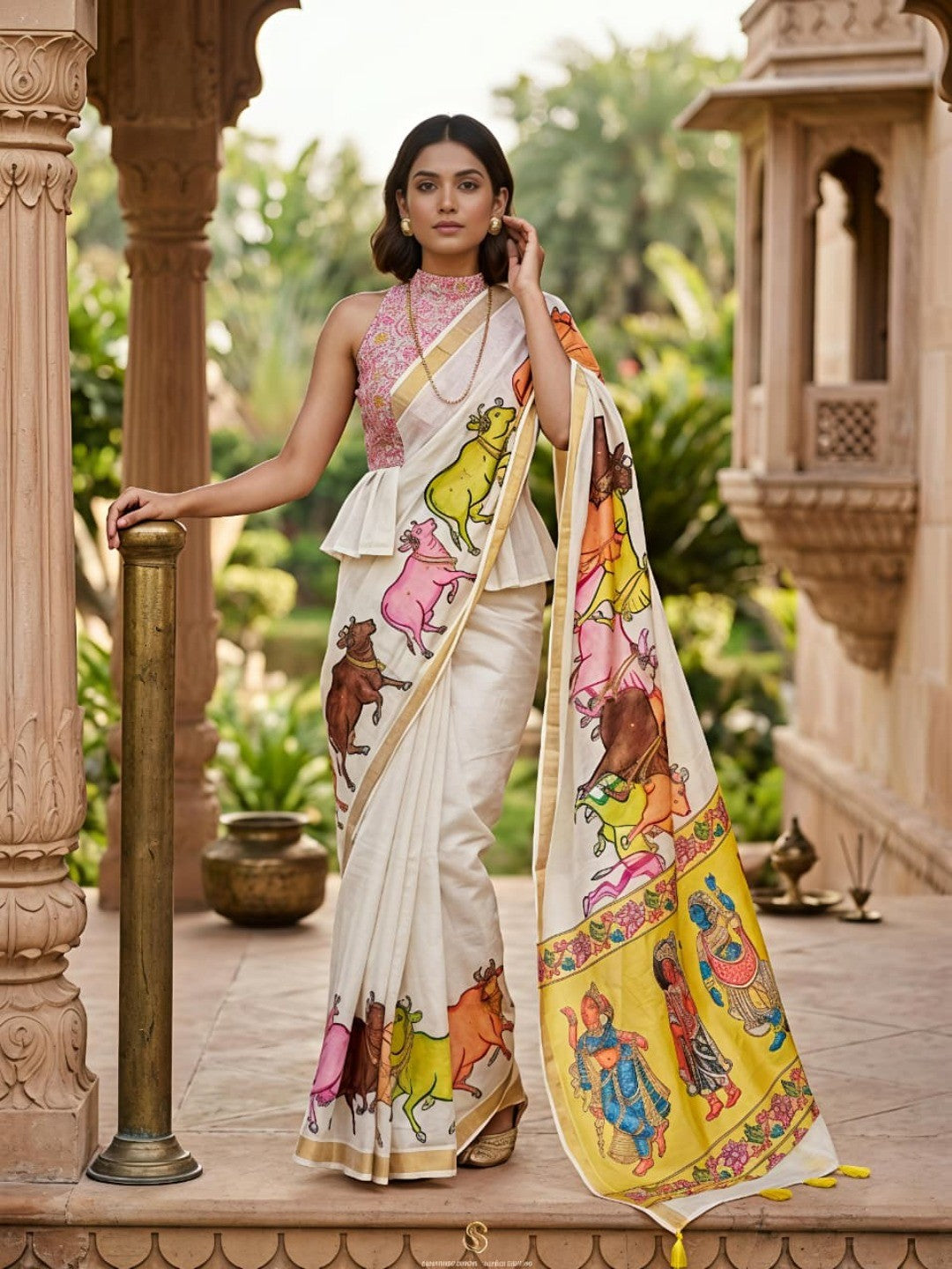 Cream Linen with Vibrant Hand-Painted Folk Art Motifs - Image 1