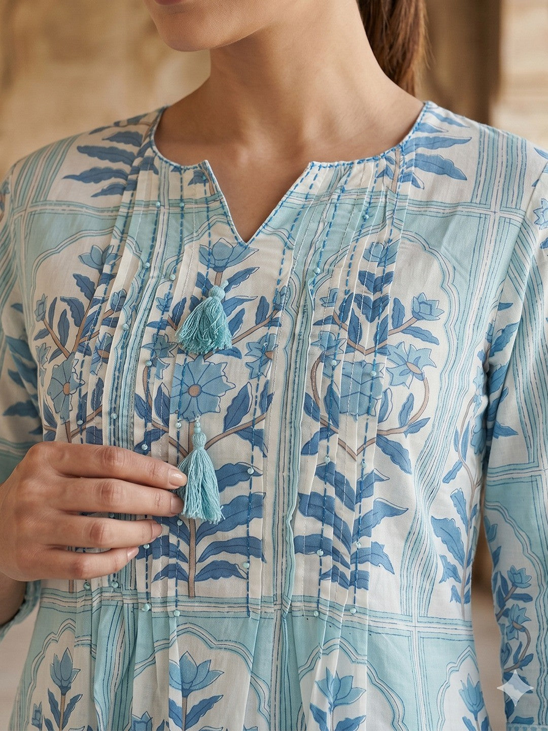 Blue Floral Printed Pure Cotton Salwar Suit Set Elegant Festive Wear - Image 4