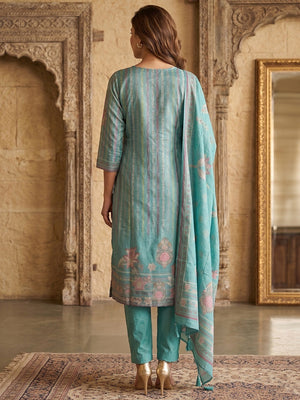 Turquoise Shimmer Straight Kurta Set with Dupatta Elegant Festive Ethnic Wear - Image 2