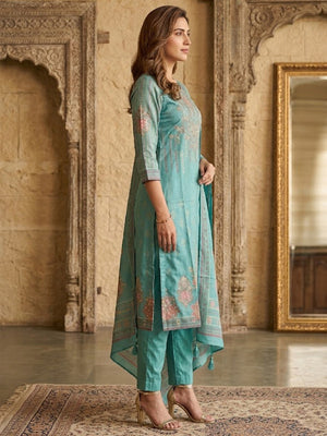 Turquoise Shimmer Straight Kurta Set with Dupatta Elegant Festive Ethnic Wear - Image 2