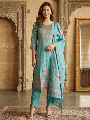 Turquoise Shimmer Straight Kurta Set with Dupatta Elegant Festive Ethnic Wear - Image 1