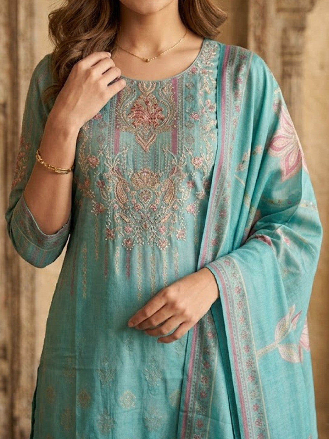 Turquoise Shimmer Straight Kurta Set with Dupatta Elegant Festive Ethnic Wear - Image 3