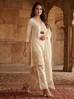 Off White & Rust Pure Cotton Salwar Suit with Printed Design and Matching Dupatta Easy Fit Wear - Image 1