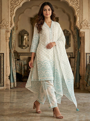 Off White & Blue Pure Cotton Salwar Suit with Printed Design and Matching Dupatta Easy Fit Wear - Image 1