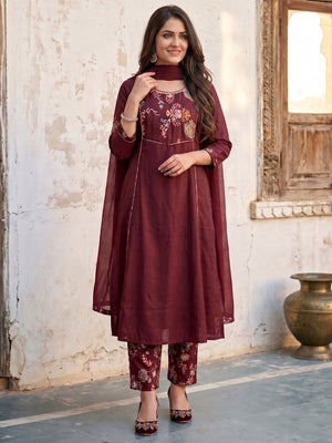 Elegant Maroon Viscose Embroidered Salwar Suit with Printed Palazzo - Image 1