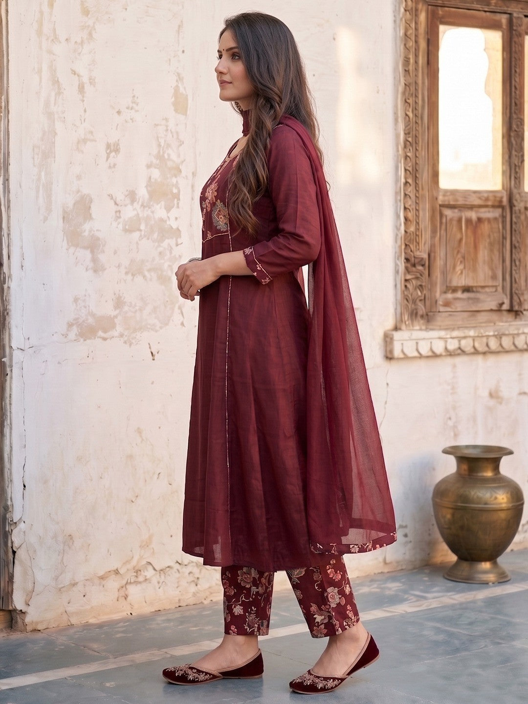 Elegant Maroon Viscose Embroidered Salwar Suit with Printed Palazzo - Image 2