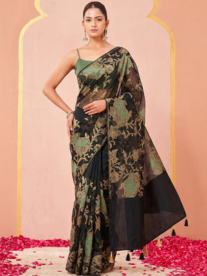 Black & Dark Green Foil Printed Brasso Saree for Party Wear - Image 1