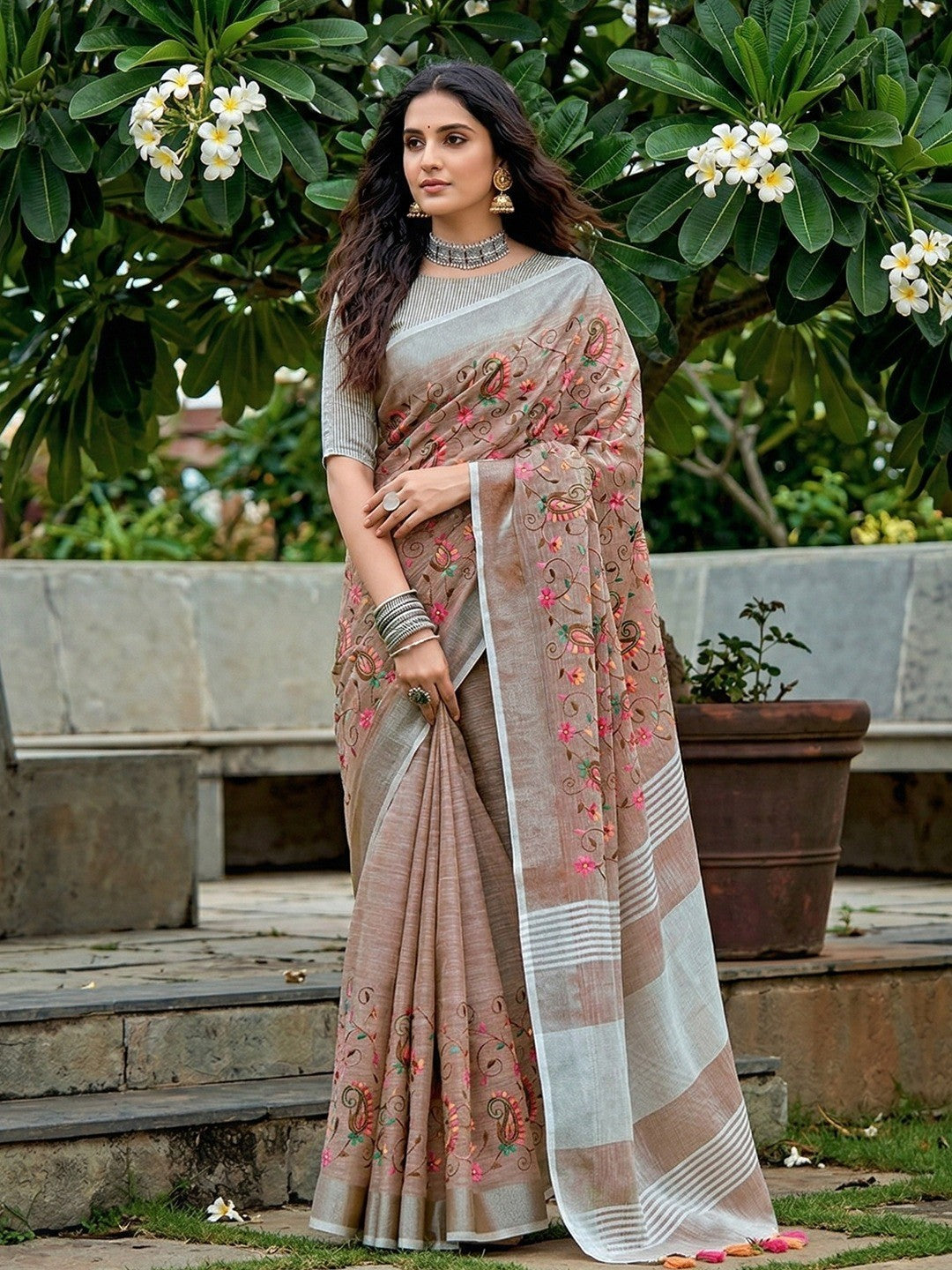 Elegant Brown Floral & Paisley Embroidered Linen Saree With Intricate Thread Work - Image 1