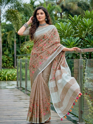Elegant Brown Floral & Paisley Embroidered Linen Saree With Intricate Thread Work - Image 2