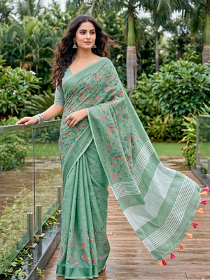 Elegant Rama Green Floral & Paisley Embroidered Linen Saree With Intricate Thread Work - Image 1