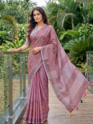 Elegant Muave Floral & Paisley Embroidered Linen Saree With Intricate Thread Work - Image 1