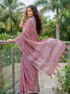 Elegant Muave Floral & Paisley Embroidered Linen Saree With Intricate Thread Work - Image 2