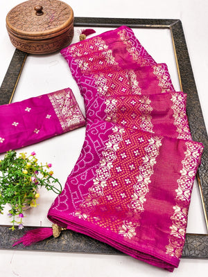 Classic Pink Banarasi Jacquard Saree With Artistic Floral & Bandhani Design Weaving - Image 1