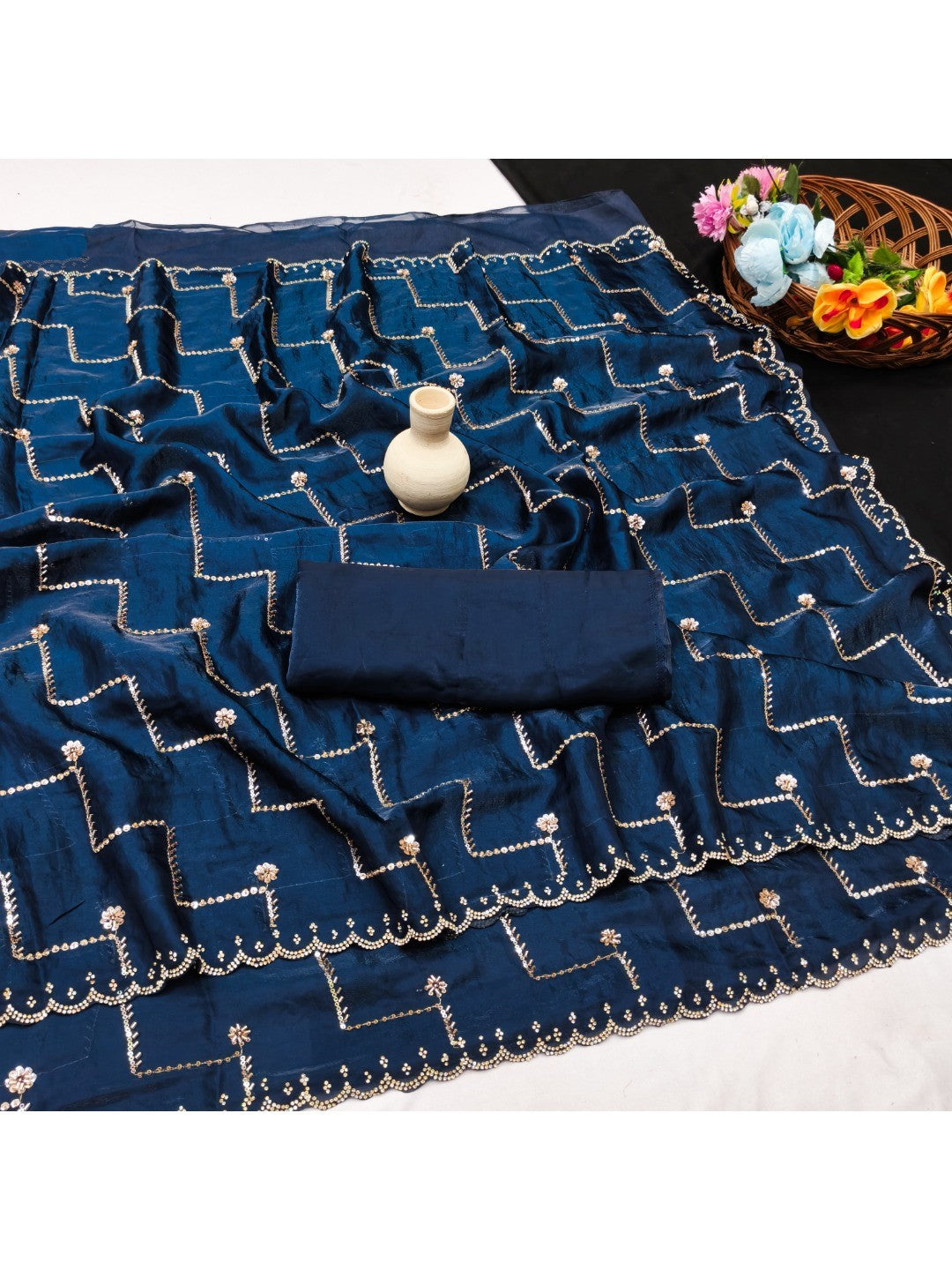Graceful Blue Sequins With Detailed Beads & Stone Work Organza Satin Silk Saree - Image 2